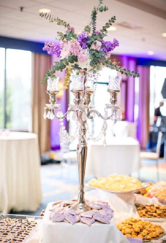 crystal centerpiece with lilac lavender flower and leaves décor for purple wedding colors 2023 lavender and royal blue