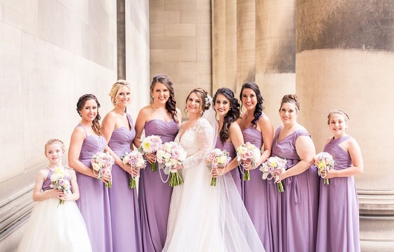 lilac bridesmaid dresses and white bridal gown for purple wedding colors 2023 lilac and royal blue