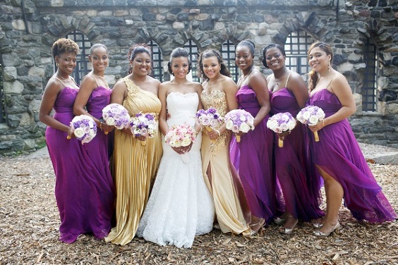 purple bridesmaid dresses gold bridesmaid dresses white bridal gown for purple wedding colors 2023 purple and gold