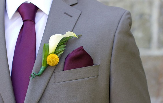 purple men tie and yellow and white flower boutonniere for purple wedding colors 2023 purple and yellow