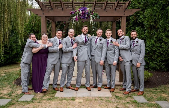 grey groom and groomsmen suits purple ties for purple wedding colors 2023 purple and grey
