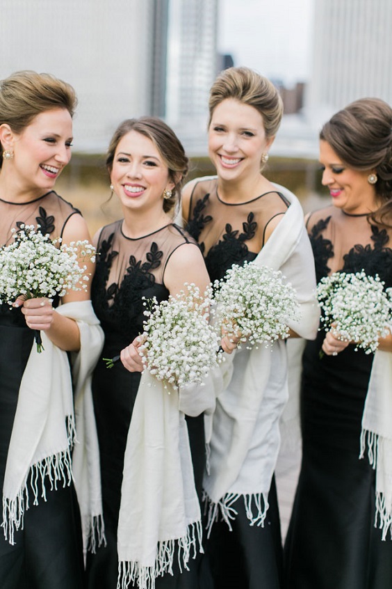 black green bridesmaid dresses and white shawls for winter wedding colors 2023 black white and green