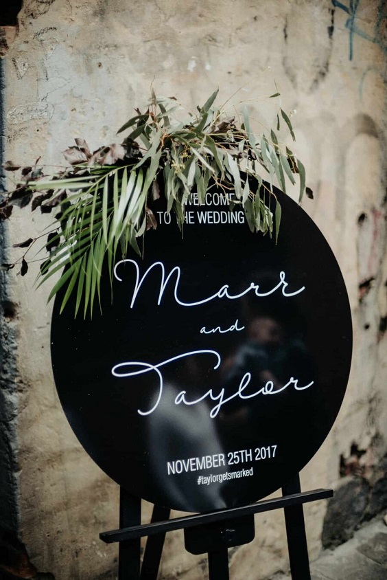 black welcome board with green leaves for winter wedding colors 2023 black white and green
