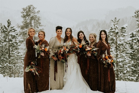 brown bridesmaid dresses and white bridal gown for winter wedding colors 2023 brown and white