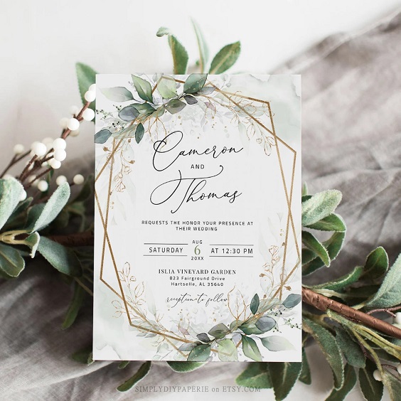 wedding invitation for winter wedding colors 2023 sage green and gold