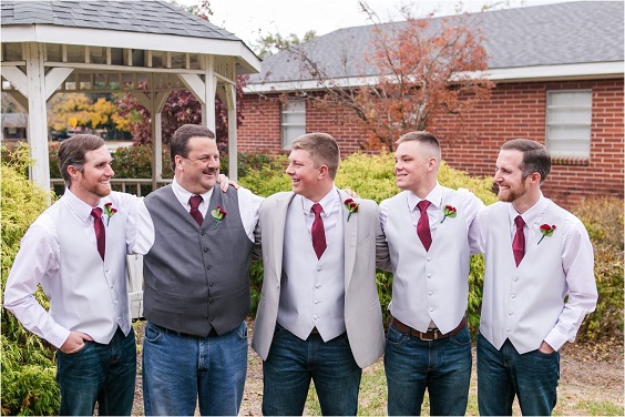 Light grey groom and groomsmen suits burgundy tie for Burgundy, Blush and Light Grey September Wedding Color Palettes 2023