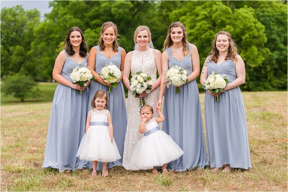 Dusty Blue and Navy Blue September Wedding Color Palettes 2023, Dusty Blue Bridesmaid Dresses, Navy Blue Groom Suit