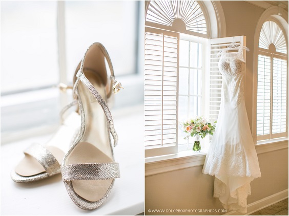 White Bridal Gown Silver Bridal Shoes for Grey and Peach September Wedding Color Palettes 2023, Grey Bridesmaid Dresses, Peach Bouquets
