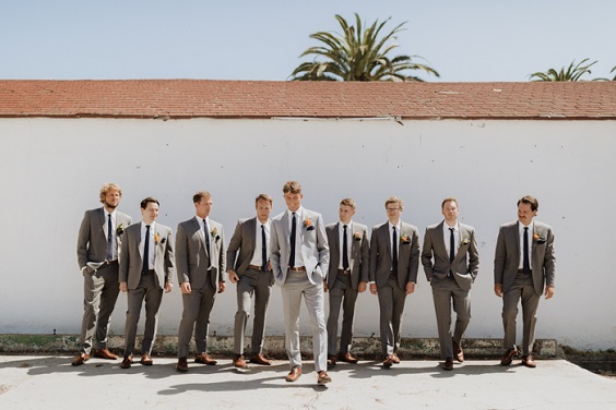 Grey Groom Groomsmen Suits for Navy Blue, Grey and Orange September Wedding Color Palettes 2023