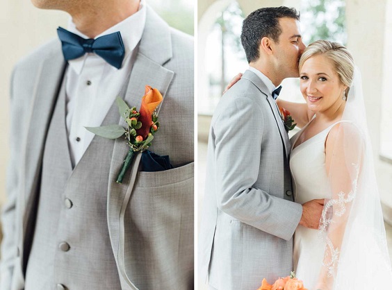 Grey groom suit navy blue tie orange corsage for Navy Blue, Grey and Orange September Wedding Color Palettes 2023