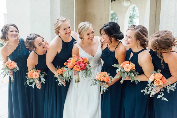 Navy blue bridesmaid dresses orange bouquets for Navy Blue, Grey and Orange September Wedding Color Palettes 2023