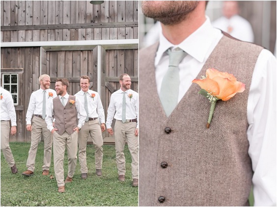 Khaki Groom Groomsmen Suit Sage tie Orange Corsages for Sage Green, Khaki and Orange September Wedding Color Palettes 2023