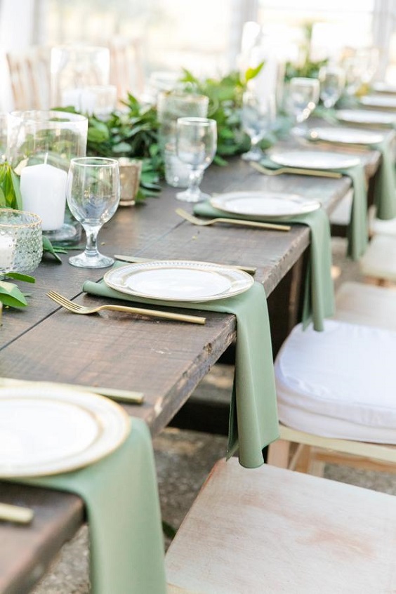 Wooden tables Sage green napkins for Sage Green, Khaki and Orange September Wedding Color Palettes 2023