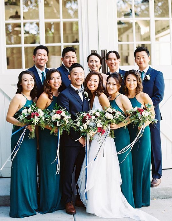 Teal bridesmaid dresses for Teal, Navy Blue and Deep Red September Wedding Color Palettes 2023