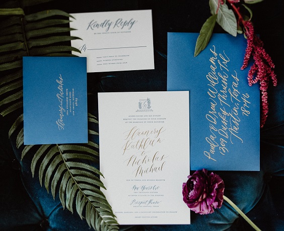Wedding invitations for Teal, Navy Blue and Deep Red September Wedding Color Palettes 2023