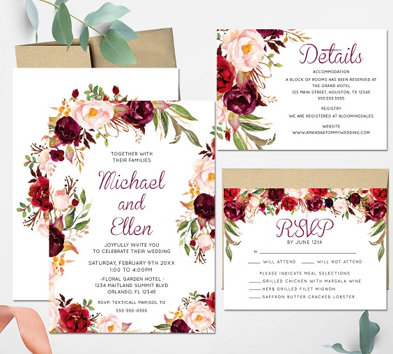 wedding invitations with dark red and peach flower printing for red wedding colors 2023 dark red and peach