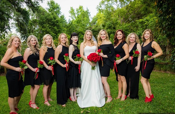 black bridesmaid dresses red shoes white bridal gown for red wedding colors 2023 red and black
