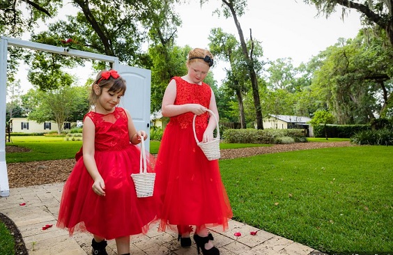 red flower girls dresses and black shoes for red wedding colors 2023 red and black