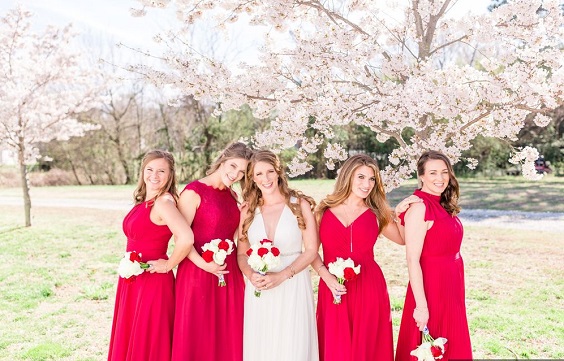 red bridesmaid dresses white bridal gown for red wedding colors 2023 red and blue
