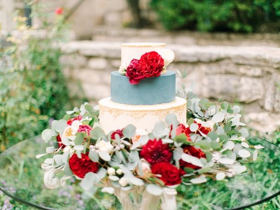 white and dusty blue wedding cake dotted with red flowers for red wedding colors 2023 red and dusty blue