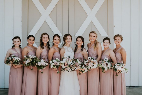 dusty rose bridesmaid dresses white bridal gown for august wedding colors 2023 dusty rose and sage