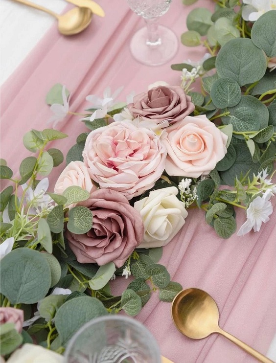 dusty rose light pink flower and sage greenery wedding centerpieces for august wedding colors 2023 dusty rose and sage