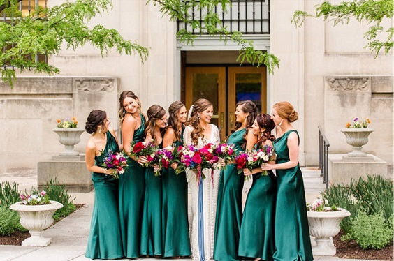 emerald bridesmaid dresses white bridal gown hot pink flower bouquets for august wedding colors 2023 emerald hot pink and gold