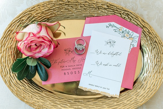 wedding invitations with hot pink cover in gold plate for august wedding colors 2023 emerald hot pink and gold