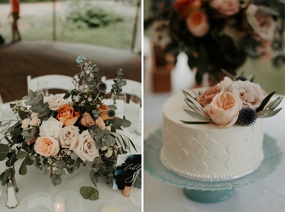 peach light brown and white flower décor in wedding centerpieces and wedding cake for august wedding colors 2023 champagne navy and brown