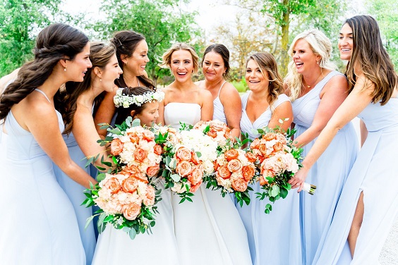 light blue bridesmaid dresses white bridal gown for august wedding colors 2023 light blue coral and peach