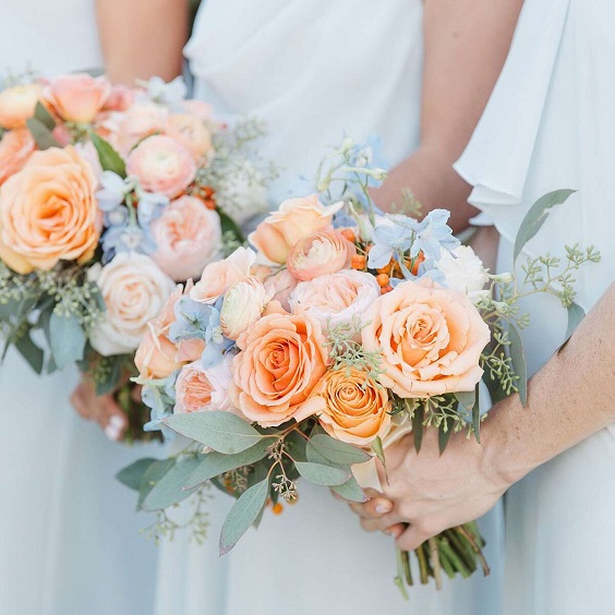 peach and white flower wedding bouquets for august wedding colors 2023 light blue coral and peach