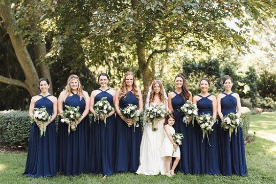 navy blue bridesmaid dresses white bridal gown for august wedding colors 2023 navy white and greenery