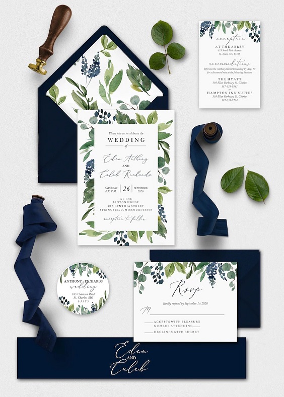 wedding invitations with greenery printing and navy cover for august wedding colors 2023 navy white and greenery