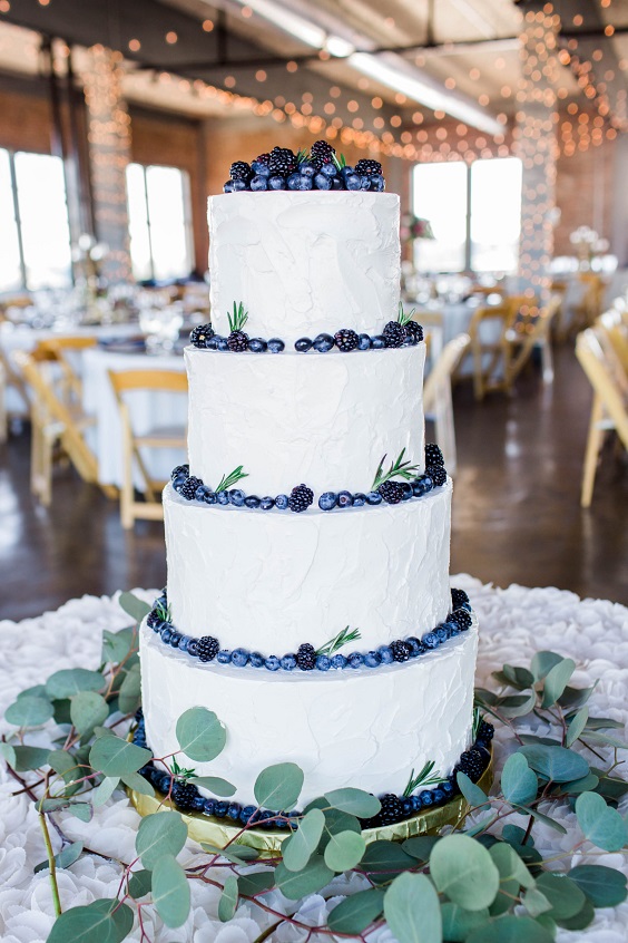 white wedding cake with blueberry and greenery décor for august wedding colors 2023 navy white and greenery