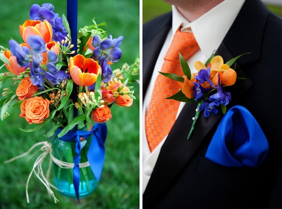 orange and blue flowers in wedding bouquet and men's corsage for august wedding colors 2023 orange and royal blue