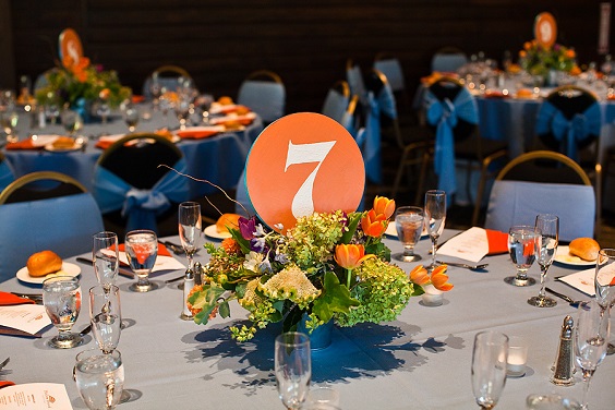 orange wedding table number card for august wedding colors 2023 orange and royal blue