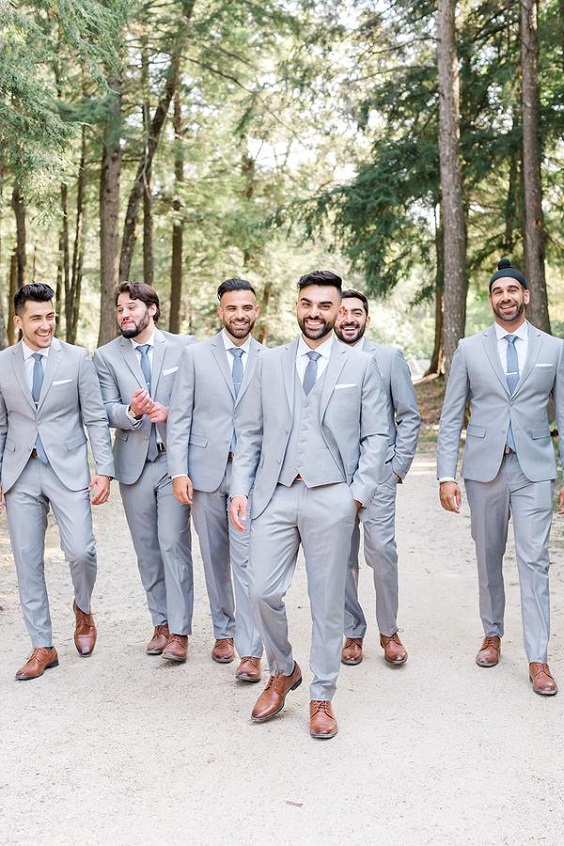 Shades of Pink and Grey August Wedding Colors 2023, Light Pink Bridesmaid  Dresses Grey Groomsmen's Suits - ColorsBridesmaid