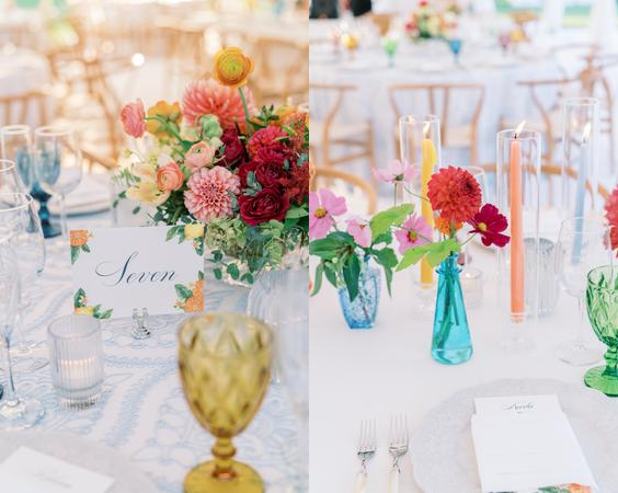 burgundy pink orange red flower and green leaves in blue teal and green vases for august wedding colors 2023 rich colors