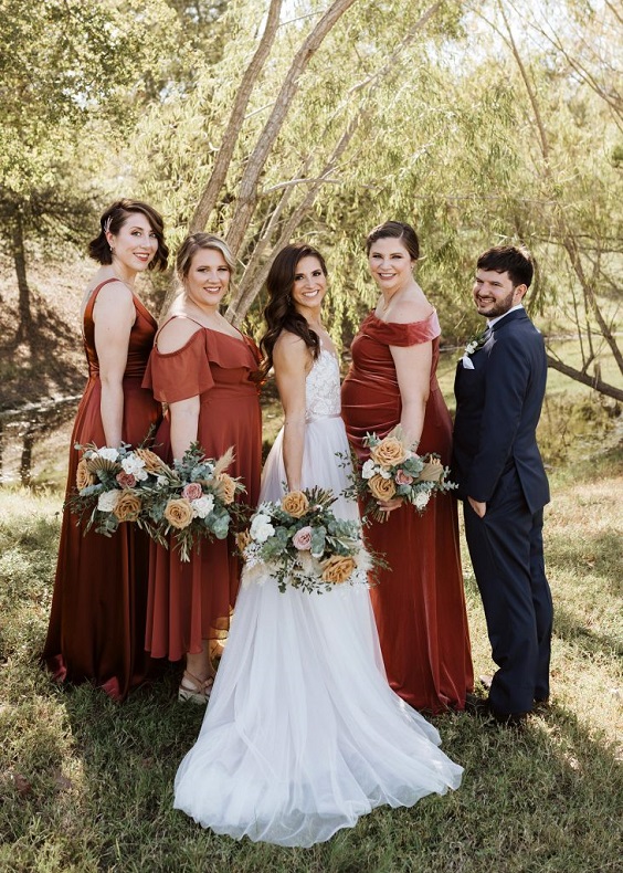 Rust Bridesmaid Dresses for Rust, Navy Blue and Orange October Wedding Color Combos 2023
