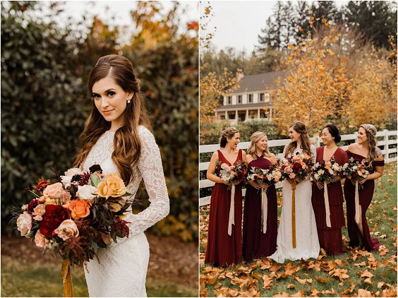 Burgundy, Rust and Yellow October Wedding Color Combos 2023, Burgundy Bridesmaid Dresses, Burgundy and Yellow Bouquets