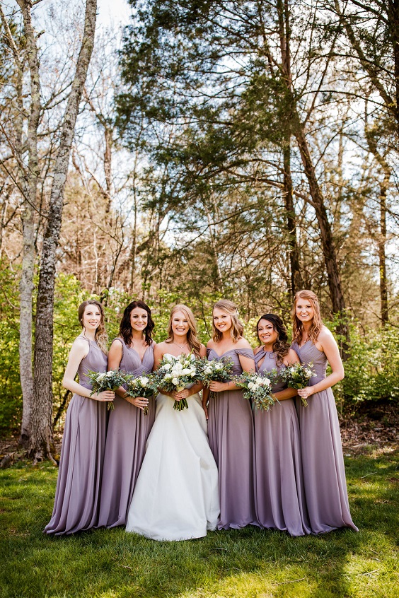 Light Purple and Light Grey October Wedding Color Combos 2023, Light Purple Bridesmaid Dresses, Light Grey Groom Suit