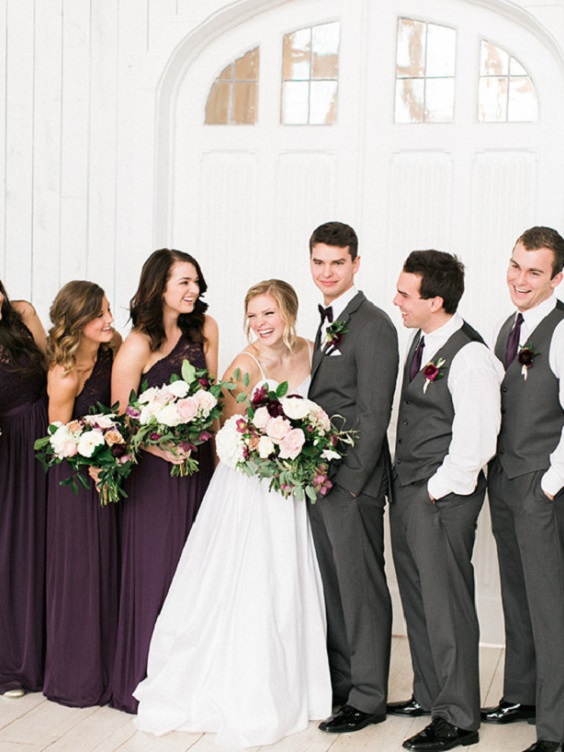 Plum and Grey October Wedding Color Combos 2023, Plum Bridesmaid Dresses, Grey Groom Suit