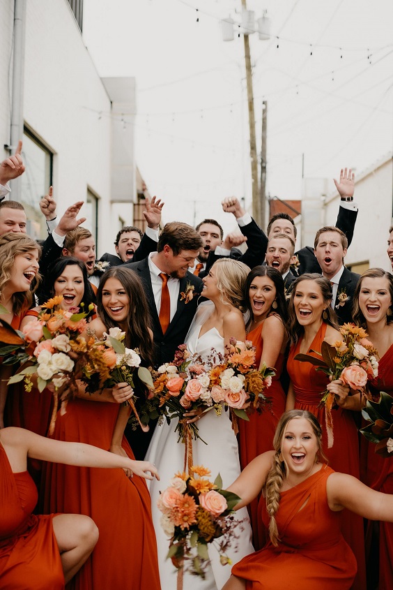 Wedding Party Wearing for Burnt Orange and Deep Grey October Wedding Color Combos 2023