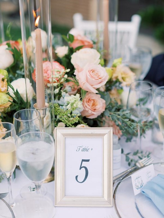 wedding table number card for blue wedding colors 2023 ice blue and peach