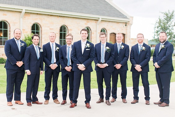 black groomsmen suits in dusty blue ties for blue wedding colors 2023 dusty blue and light pink