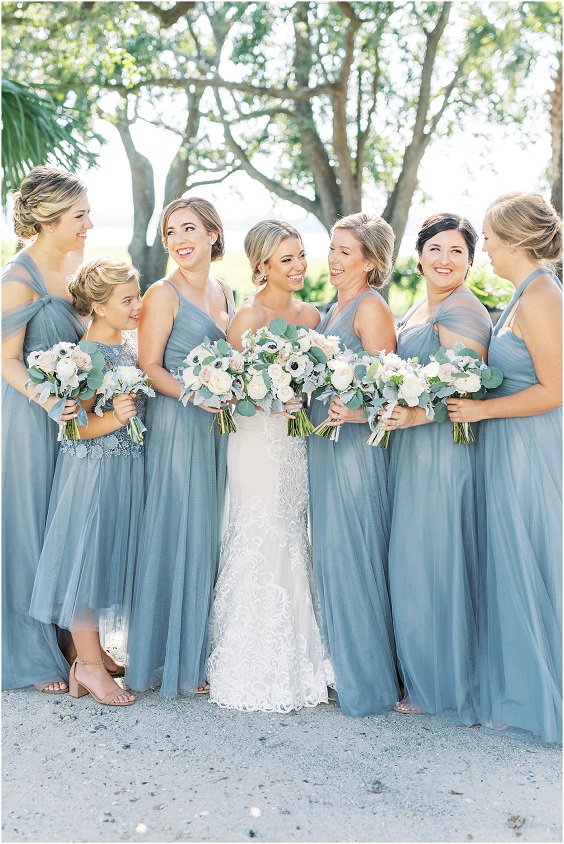 dusty blue bridesmaid dresses white bridal gown for blue wedding colors 2023 dusty blue and light pink
