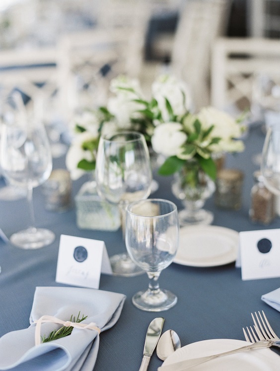 slate blue wedding table cloth white flower and green leaves wedding centerpieces for blue wedding colors 2023 slate blue green and white