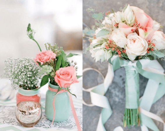 coral and white flower bouquet and decoration in tiffany blue ribbons and bottles for blue wedding colors 2023 tiffany blue gray and coral