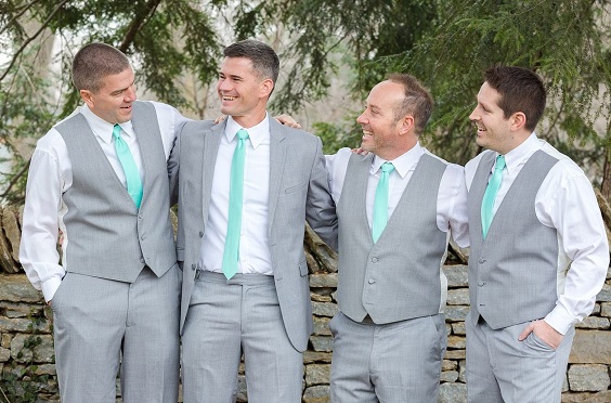 gray groomsmen suits tiffany blue ties for blue wedding colors 2023 tiffany blue gray and coral