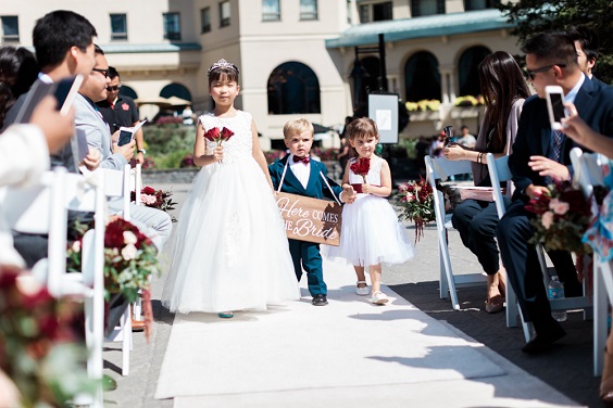 white flower girls dresses with burgundy ties navy blue little boy suit for blue wedding colors 2023 navy blue and burgundy